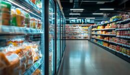 Busy Supermarket Aisle with Refrigerated Shelves Displaying a Variety of Packaged Goods 