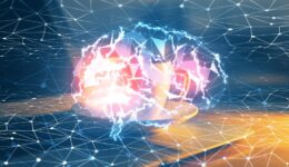 Double exposure of work space with computer and human brain drawing hologram. Brainstorm concept.