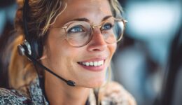 smiling trustworthy and relatable white female with cubicle call center associate wearing a headset  in a upscale and modern office conference room