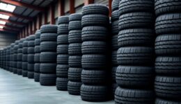 Stack of new tires at a warehouse.created with the help of artificial intelligence.
