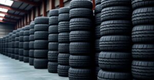 Stack of new tires at a warehouse.created with the help of artificial intelligence.