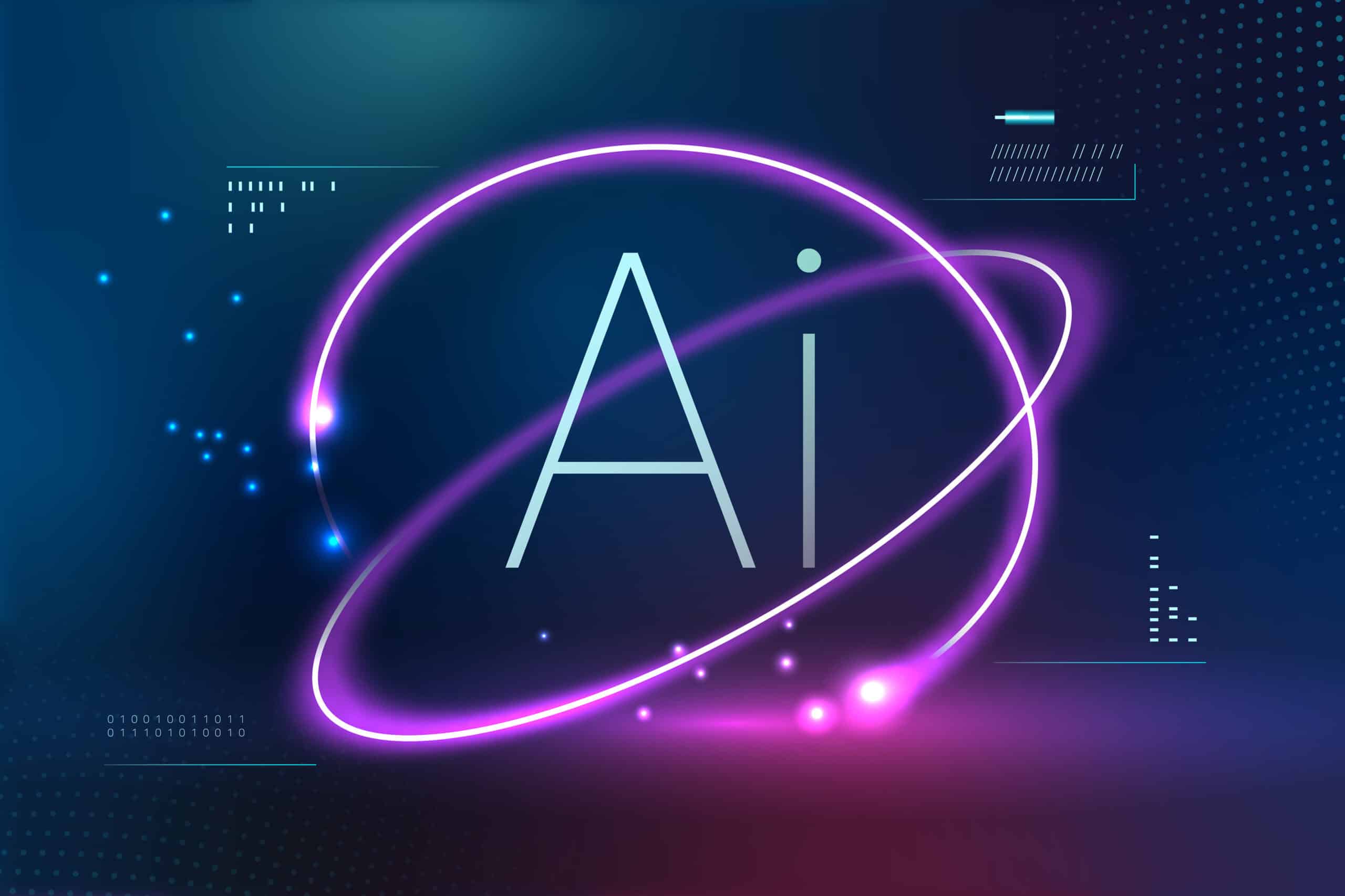 Print Futuristic AI graphic with neon swirl effect symbolising AI business transformation and digital innovation