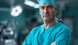 Male surgeon standing arms crossed in the operating room, Confident surgeon in blue scrubs poses in an operating room, the calm before the intricate dance of surgery begins.