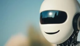 Friendly robotic face with a smooth white finish and a cheerful expression, set against a natural outdoor background, showcasing a futuristic concept and harmony with nature