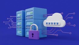 Secure cloud computing with data servers, a padlock, and digital network connections symbolizing data protection and IT infrastructure.