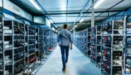 IT business owner walking in high tech data center full of servers and computers.