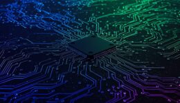 Powerful central processor unit on a futuristic circuit board with glowing neon data pathways representing advanced technology.