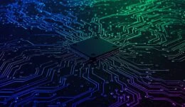 Powerful central processor unit on a futuristic circuit board with glowing neon data pathways representing advanced technology.