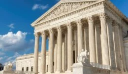 The front facade of the United States Supreme Court in Washington, DC, USA.