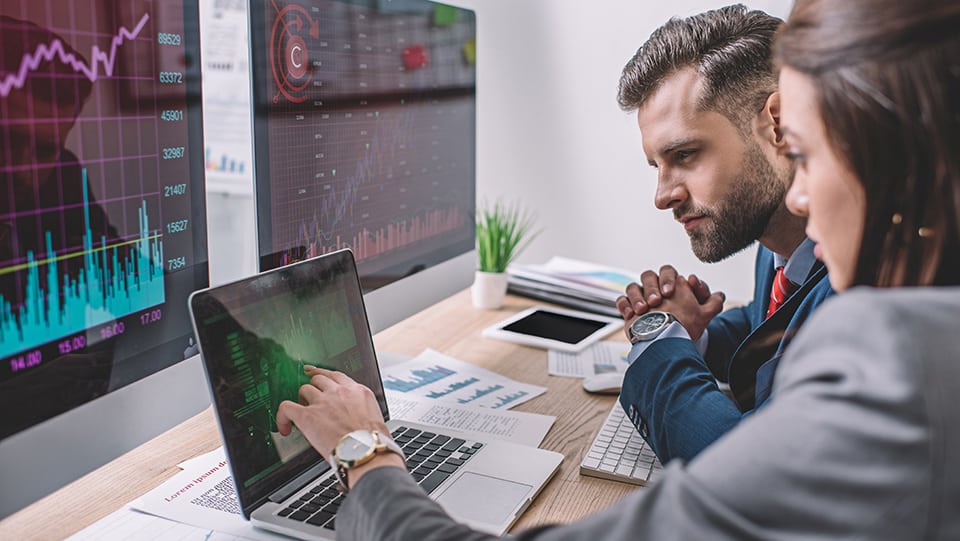 Side view of computer systems analysts using charts on computer