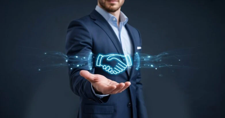 Close-up of businessman presenting digital handshake with glowing blue light trails deal agreement