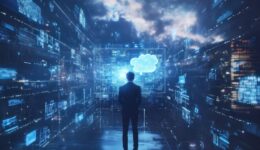 Business leader using a virtual screen with AI, cloud computing, and data network elements.