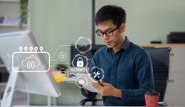 Hand touching secure access service edge icon on smartphone virtual screen background, password, network, framework and support technology in office. secure access service edge concept.