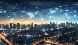 Cityscape with graphic of network concept, Bangkok, Thailand