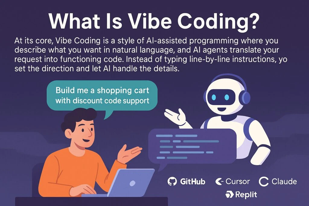 Visual showing AI-assisted coding accelerating software creation using prompt engineering and no-code AI development
