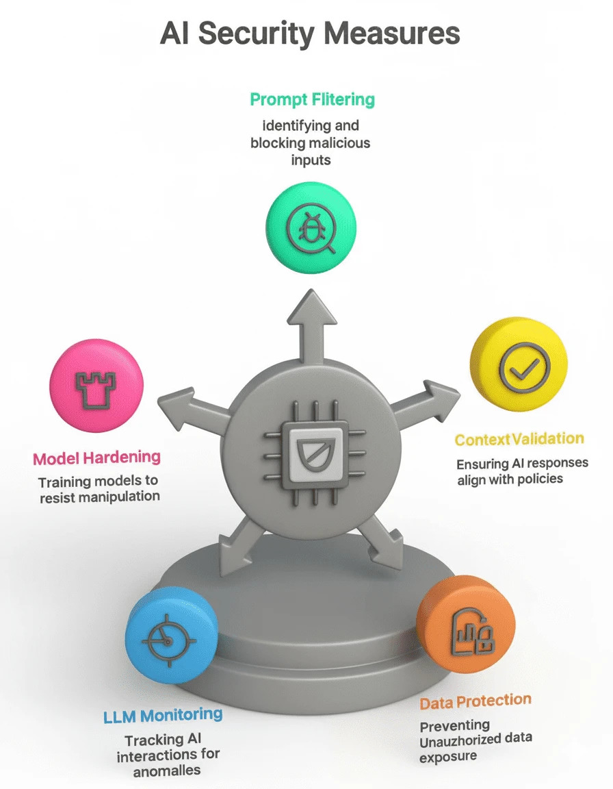 AI Security Measures diagram illustrating LLM Firewall functions like Prompt Filtering, Model Hardening, Context Validation, LLM Monitoring, and Data Protection for generative AI risk management.