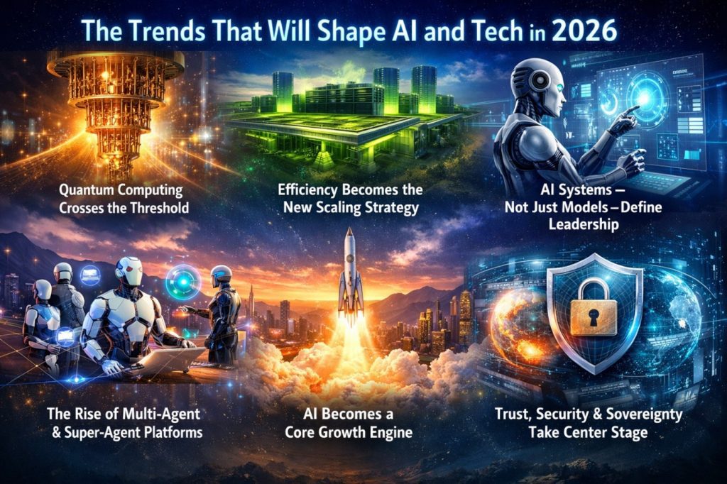 AI technology trends 2026 including quantum computing, enterprise AI systems, multi-agent platforms, security, and growth