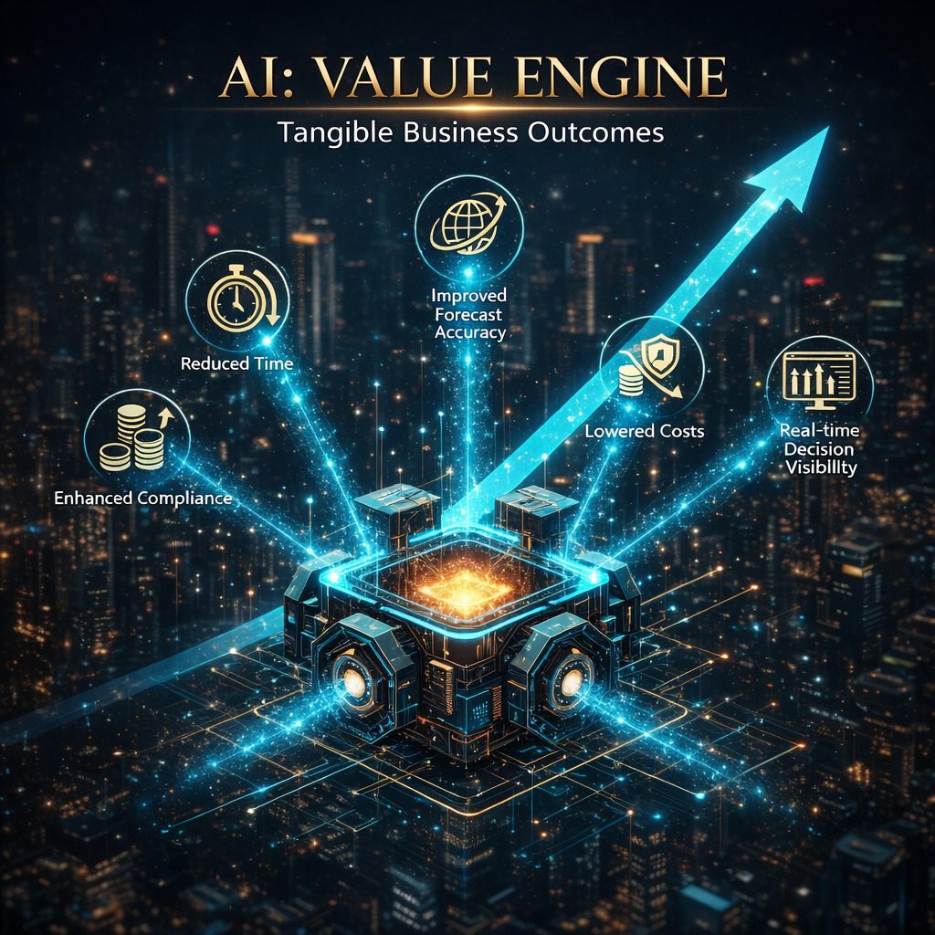 Enterprise AI Implementation Strategy driving tangible business outcomes like improved forecast accuracy, reduced time, and lower costs