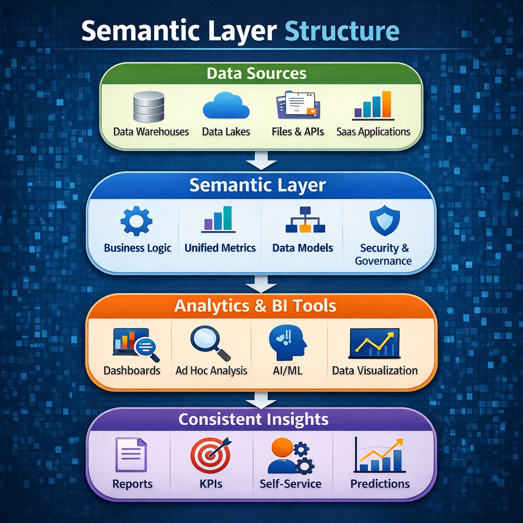 semantic layer structure connecting data sources to consistent AI-driven insights
