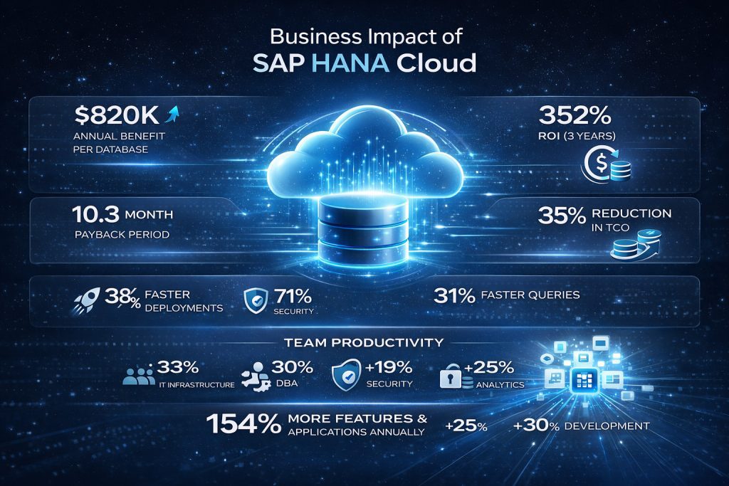 Infographic showing business impact of SAP HANA Cloud adoption: $820K annual benefit per database, 352% ROI over 3 years, 35% TCO reduction, and 10.3-month payback period — Prolifics SAP ECC to S/4HANA migration