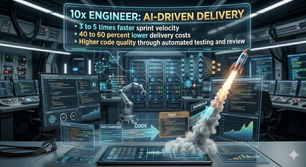 10x engineer enabling AI software factories for enterprise delivery with 3–5x faster sprints, 40–60% lower costs, and automated testing pipelines