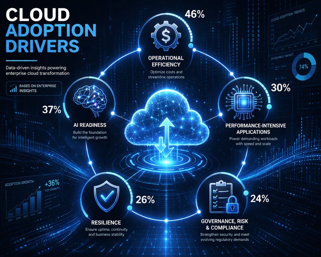 Cloud modernization strategies driving cloud adoption including AI readiness, operational efficiency, performance, resilience, and governance