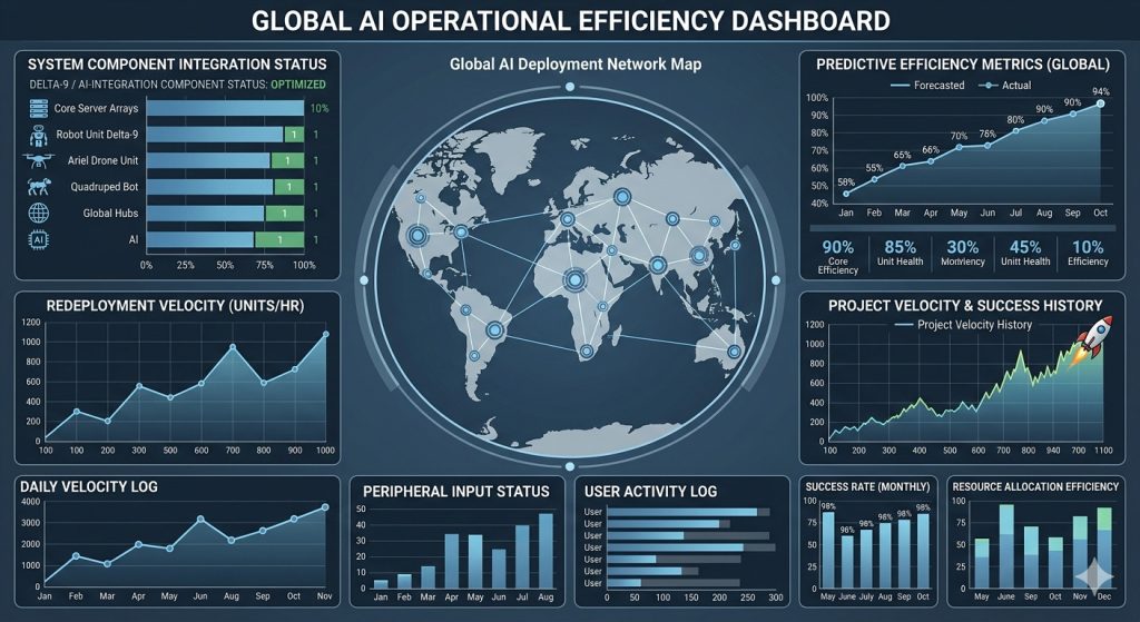 Global AI operational efficiency dashboard showing AI software factories for enterprise delivery metrics, deployment network, and project velocity by Prolifics